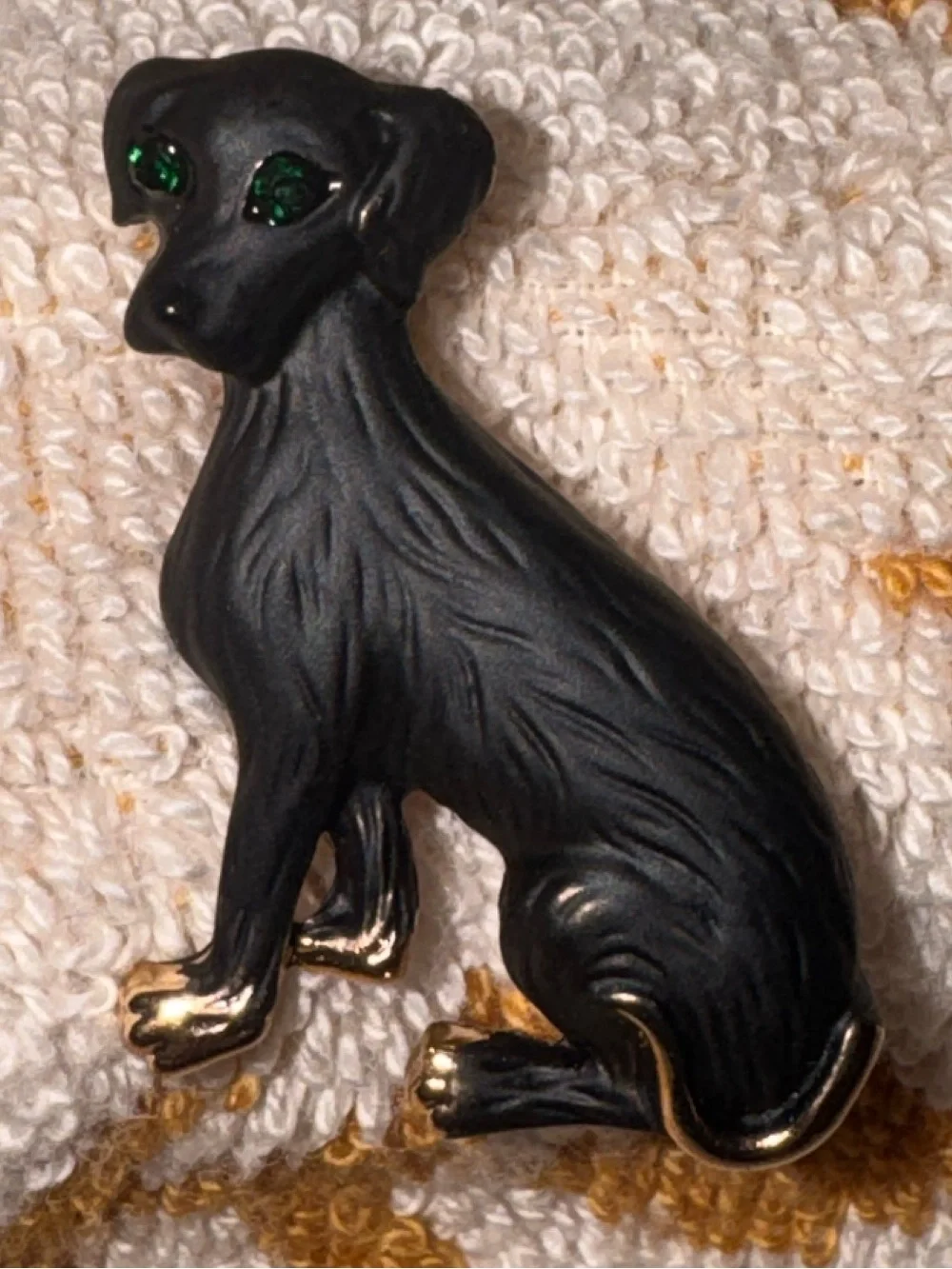 Hound Puppy Matte Black with Gold Accents w/ Crystal Green Eyes Pet Brooch